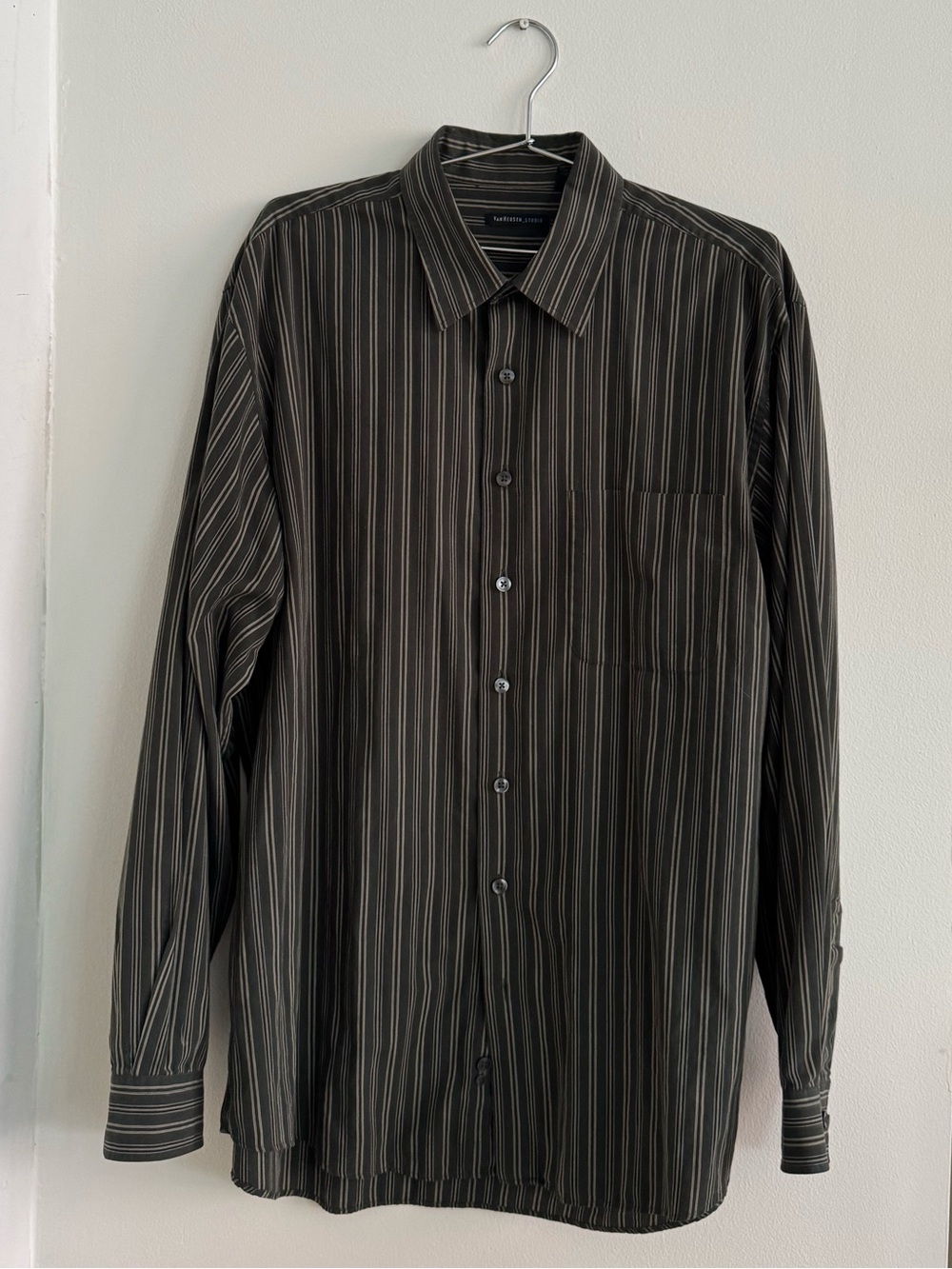 Van Heusen Men's Black and Gray Vertical Stripe Button-Up Shirt